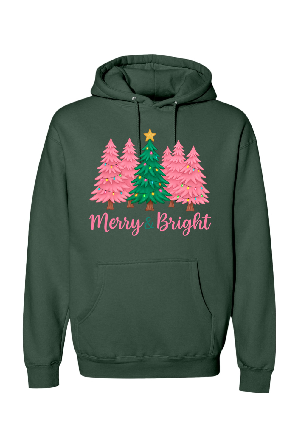 Green Christmas hoodie with pink and green Christmas trees design with text "Merry & Bright" cute trendy festive holiday long sleeve hooded sweatshirt