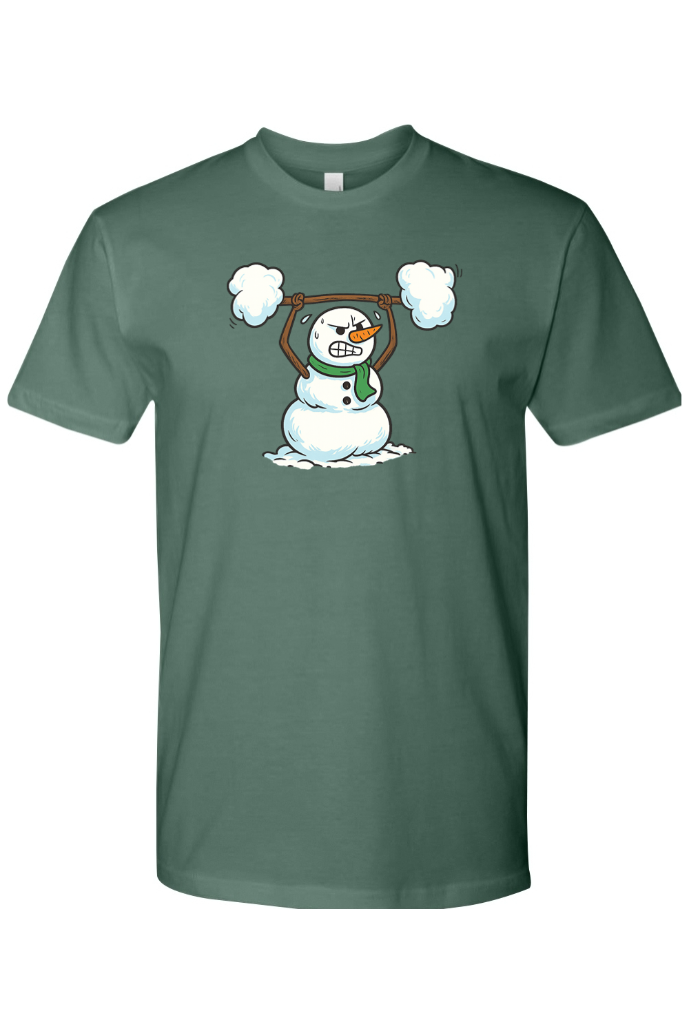 Pine green Christmas t-shirt with a snowman lifting a snow barbell design funny gym humor winter holiday short sleeve shirt