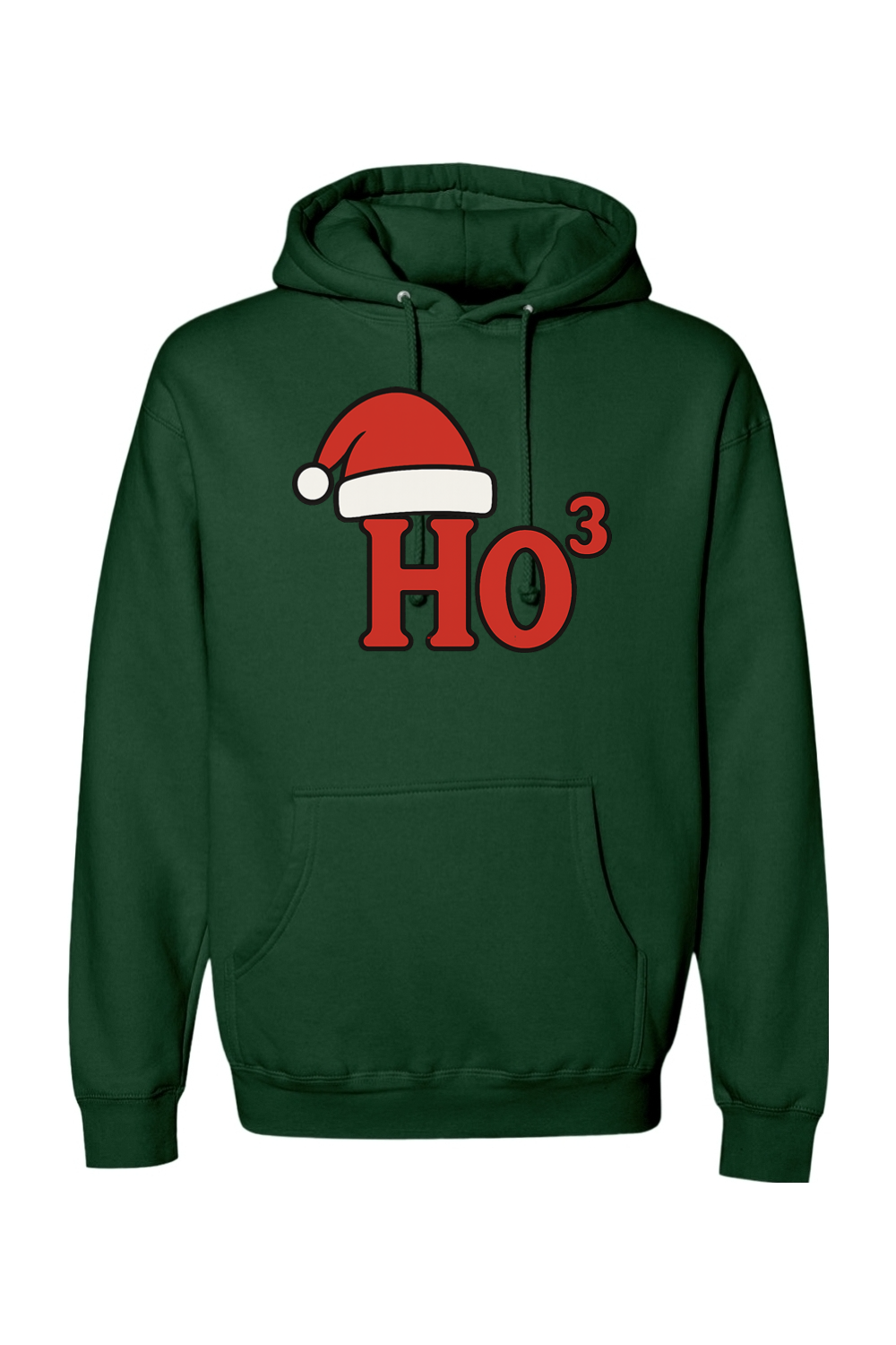 Dark green Christmas hoodie with "Ho³" text in red with a Santa hat design funny holiday humor long sleeve hooded sweatshirt