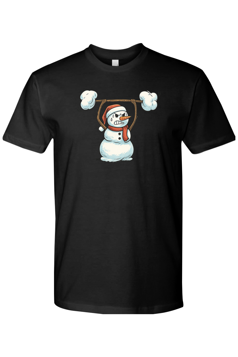 Black Christmas t-shirt with a snowman lifting a snow barbell design funny gym humor festive holiday short sleeve shirt