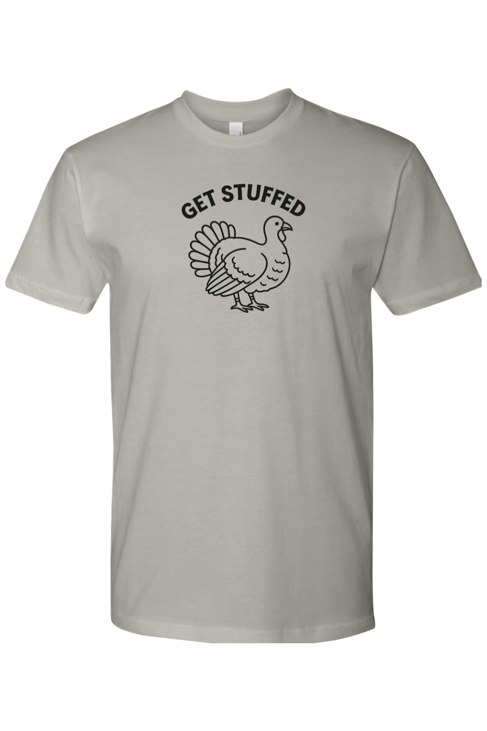 Grey gray Thanksgiving t-shirt with "Get Stuffed" text and a turkey design funny humor sarcastic fall holiday short sleeve shirt