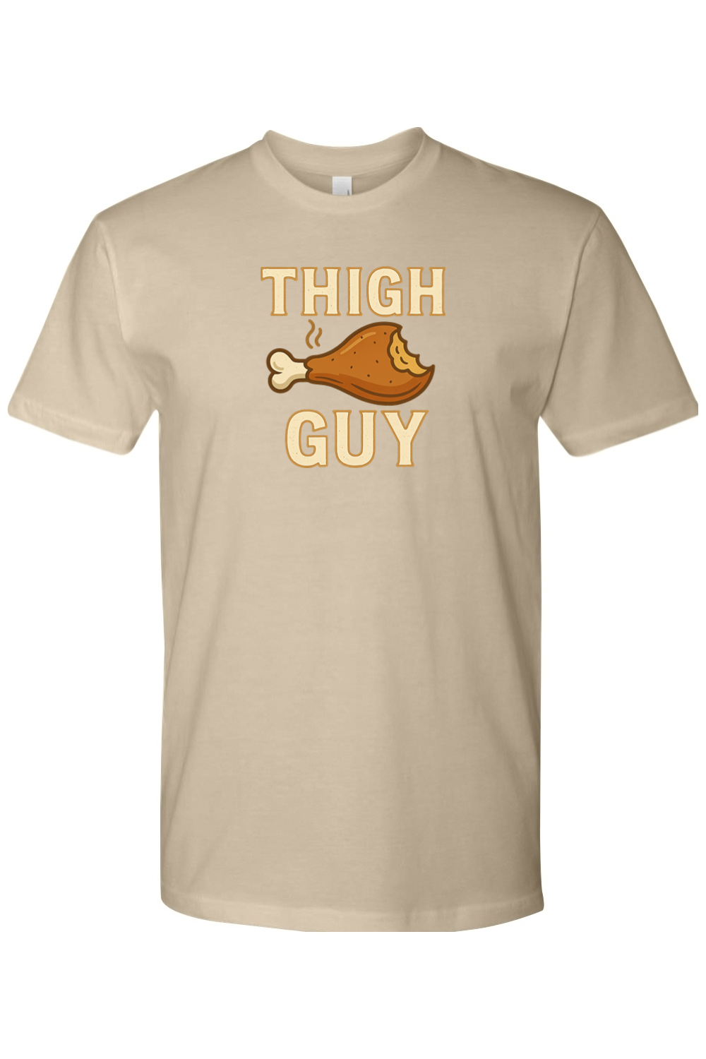 Dark beige Thanksgiving t-shirt with "Thigh Guy" text and a turkey leg design funny gym humor fall holiday short sleeve shirt