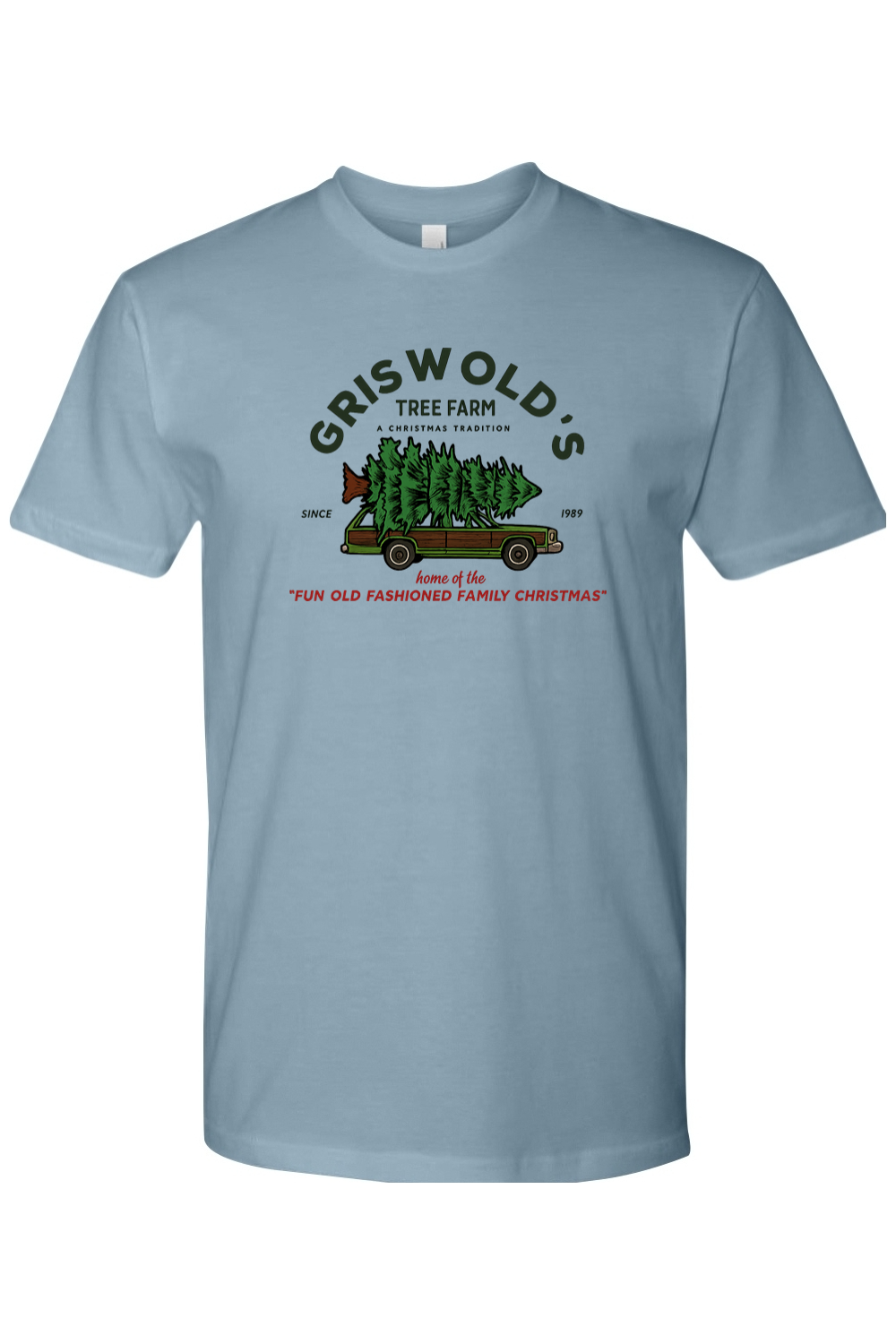 Blue Christmas t-shirt with "Griswold's Tree Farm A Christmas Tradition Since 1989 Home of the Fun Old Fashioned Family Christmas" text with a Christmas tree strapped onto a car design cool festive holiday short sleeve shirt