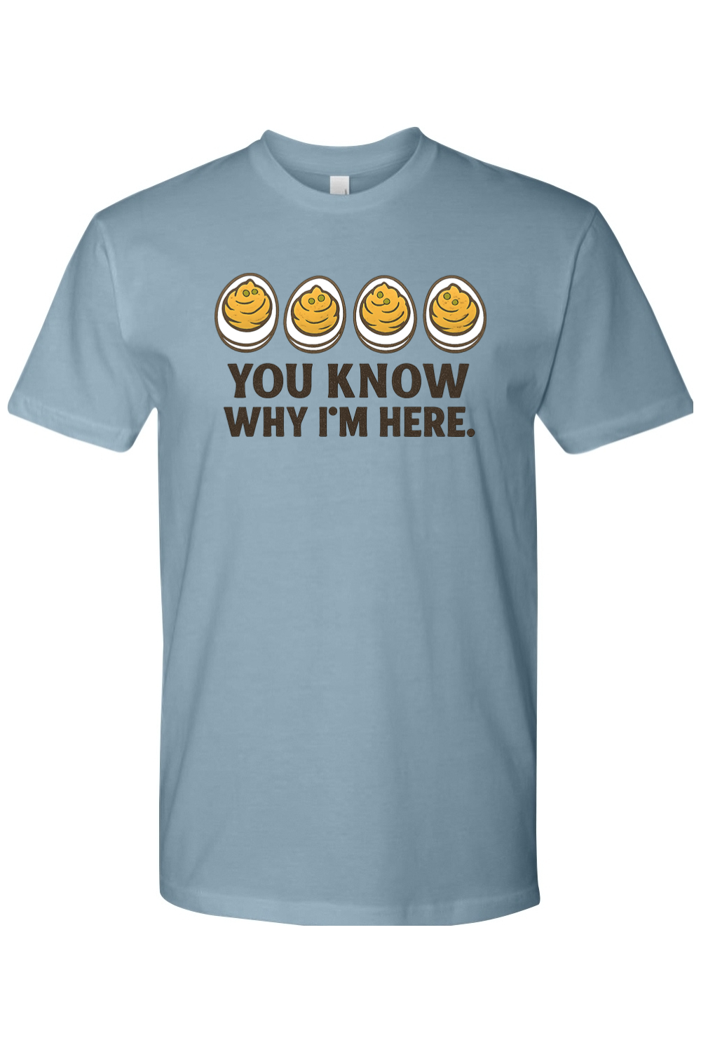 Blue Thanksgiving t-shirt with "You Know Why I'm Here." text and a deviled egg design funny humor fall holiday short sleeve shirt
