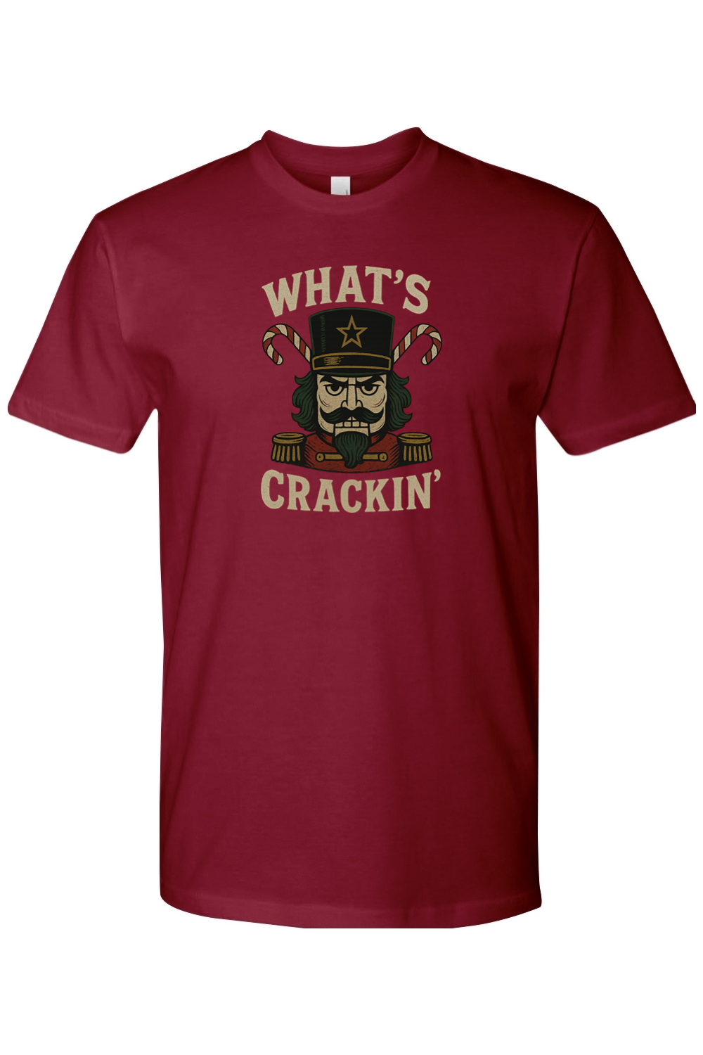 Burgundy Christmas t-shirt with "What's Crackin'" text and a masculine nutcracker candy cane design funny manly holiday humor short sleeve shirt