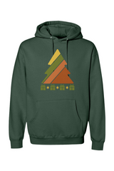 Green Christmas hoodie with a retro striped Christmas tree and presents underneath design cool trendy holiday long sleeve hooded sweatshirt