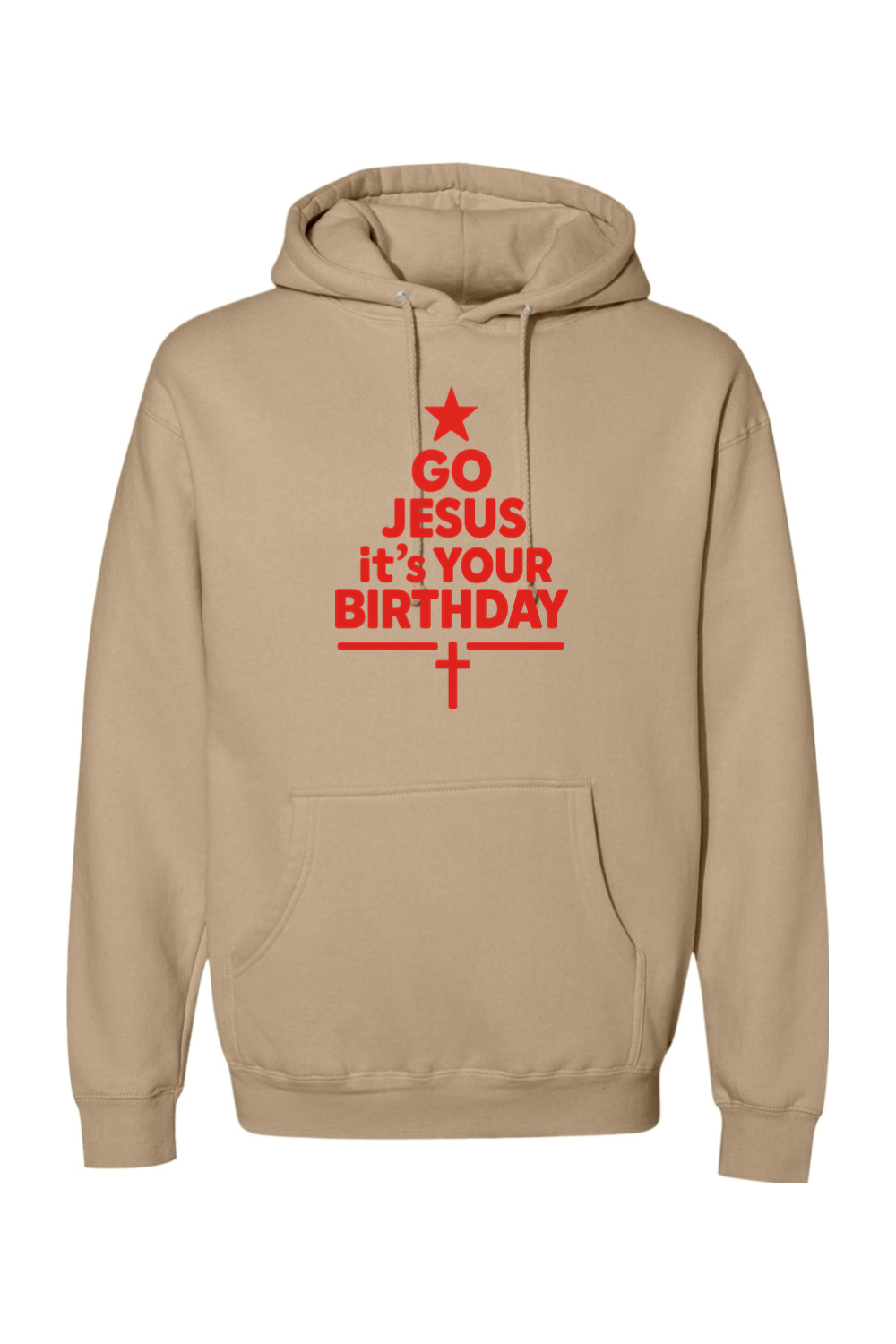 Dark beige Christmas hoodie with "Go Jesus It's Your Birthday" text in red with a star and cross all made into a Christmas tree design religious Christian God funny holiday long sleeve hooded sweatshirt