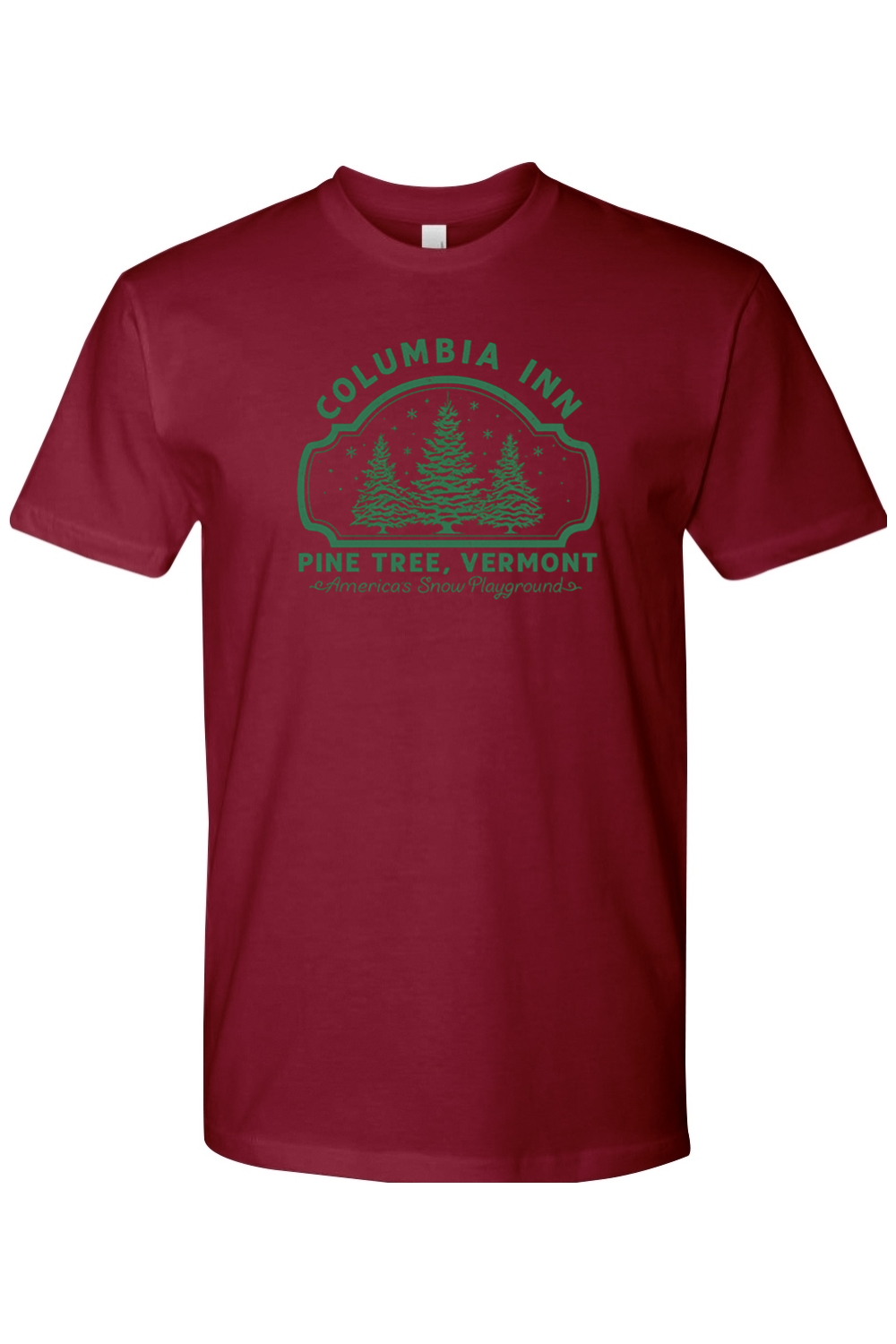 Burgundy Christmas t-shirt with "Columbia Inn Pine Tree, Vermont America's Snow Playground" text in green with a pine tree snow design trendy festive holiday short sleeve shirt