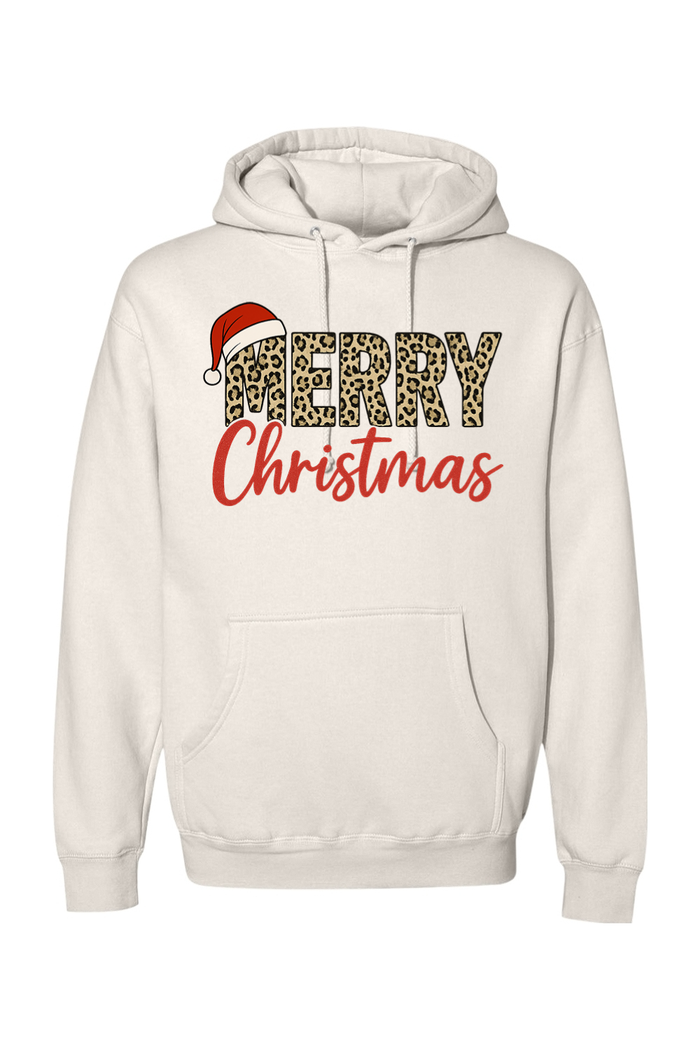 Cream Christmas hoodie with "Merry Christmas" text in leopard print and red with a Santa hat design cute trendy festive holiday long sleeve hooded sweatshirt