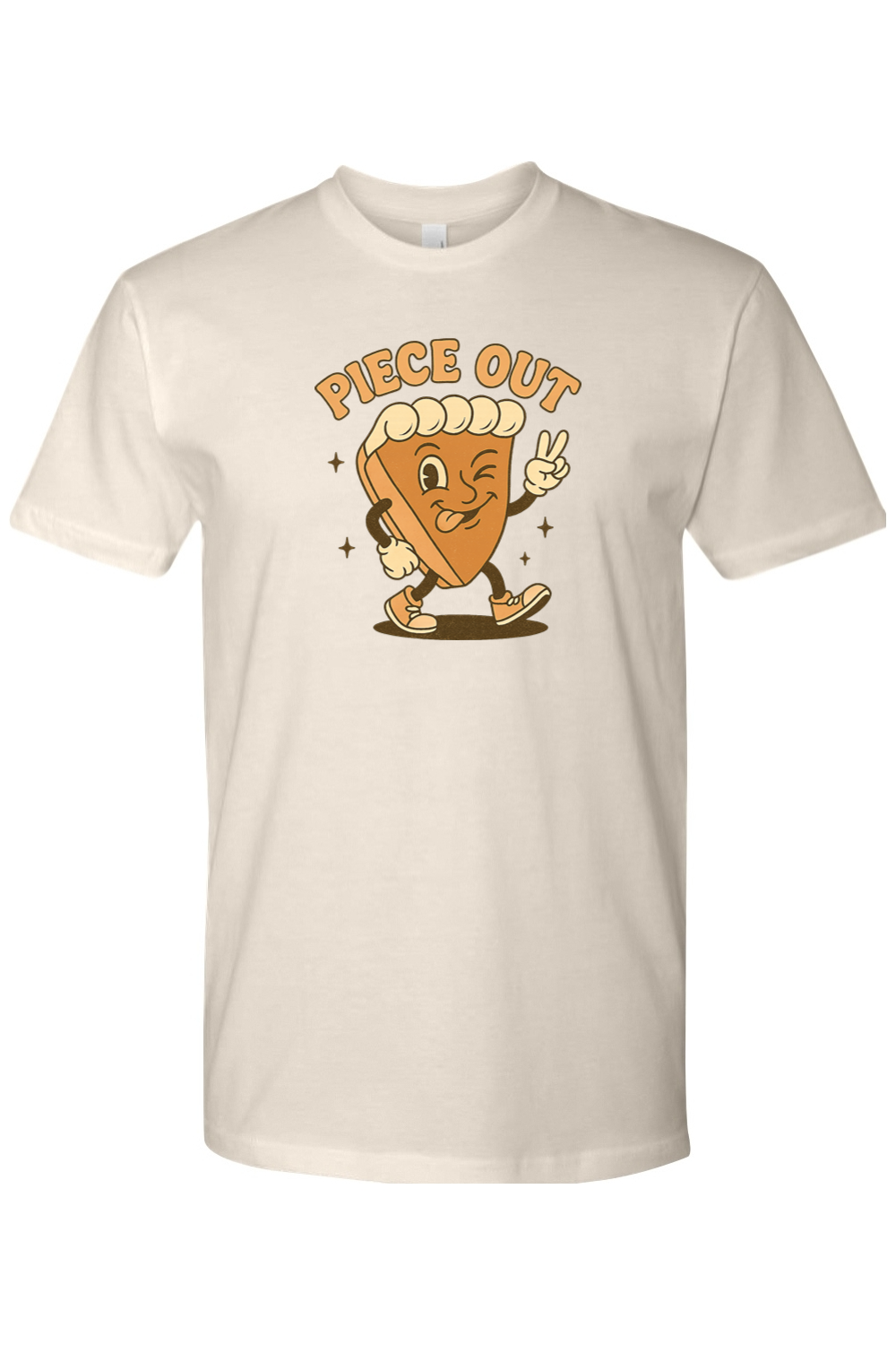 Cream beige Thanksgiving t-shirt with "Piece Out" text and a slice of pie winking and giving a peace sign cool retro trendy fall holiday short sleeve shirt