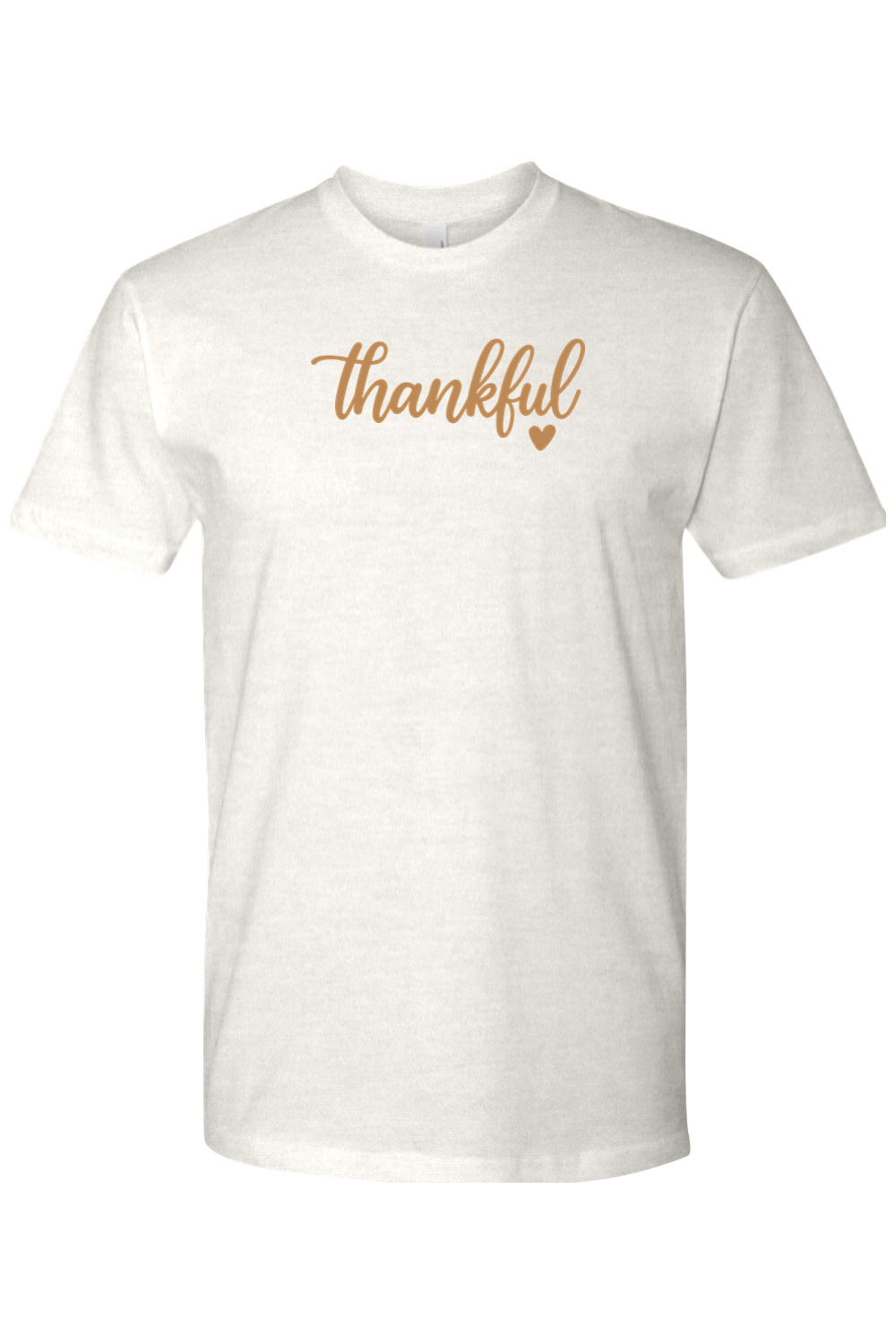 Light cream Thanksgiving t-shirt with "Thankful" text and a heart design cute trendy girly fall holiday short sleeve shirt