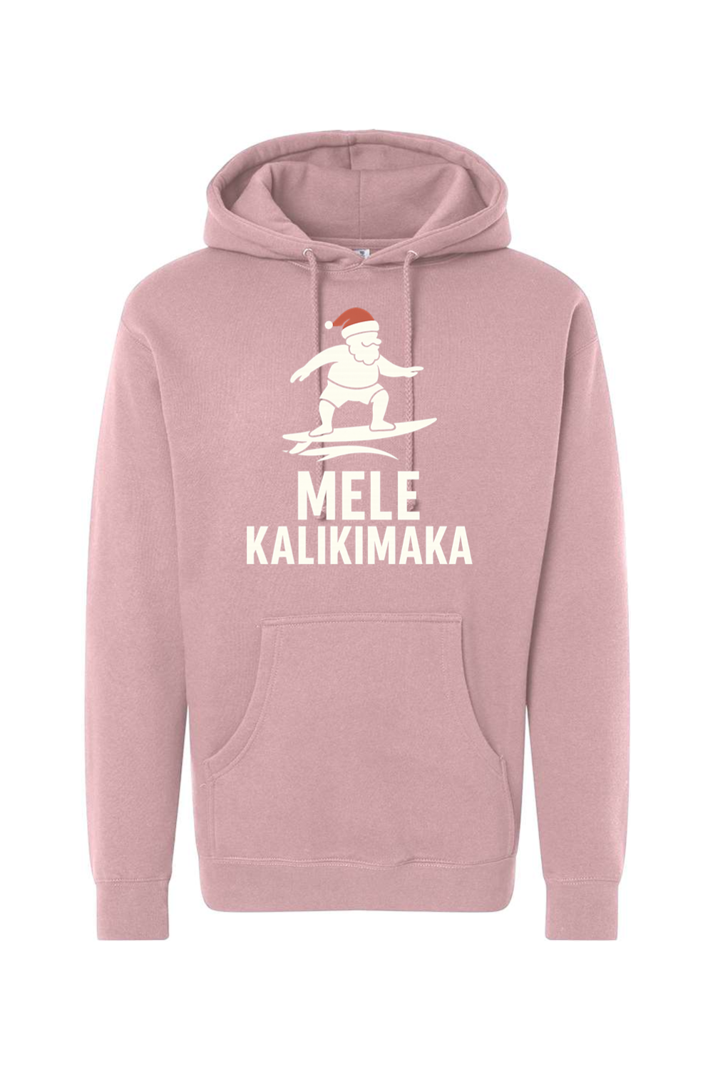 Pink Christmas hoodie with Santa surfing and "Mele Kalikimaka" text funny Hawaiian Christmas surf holiday long sleeve hooded sweatshirt