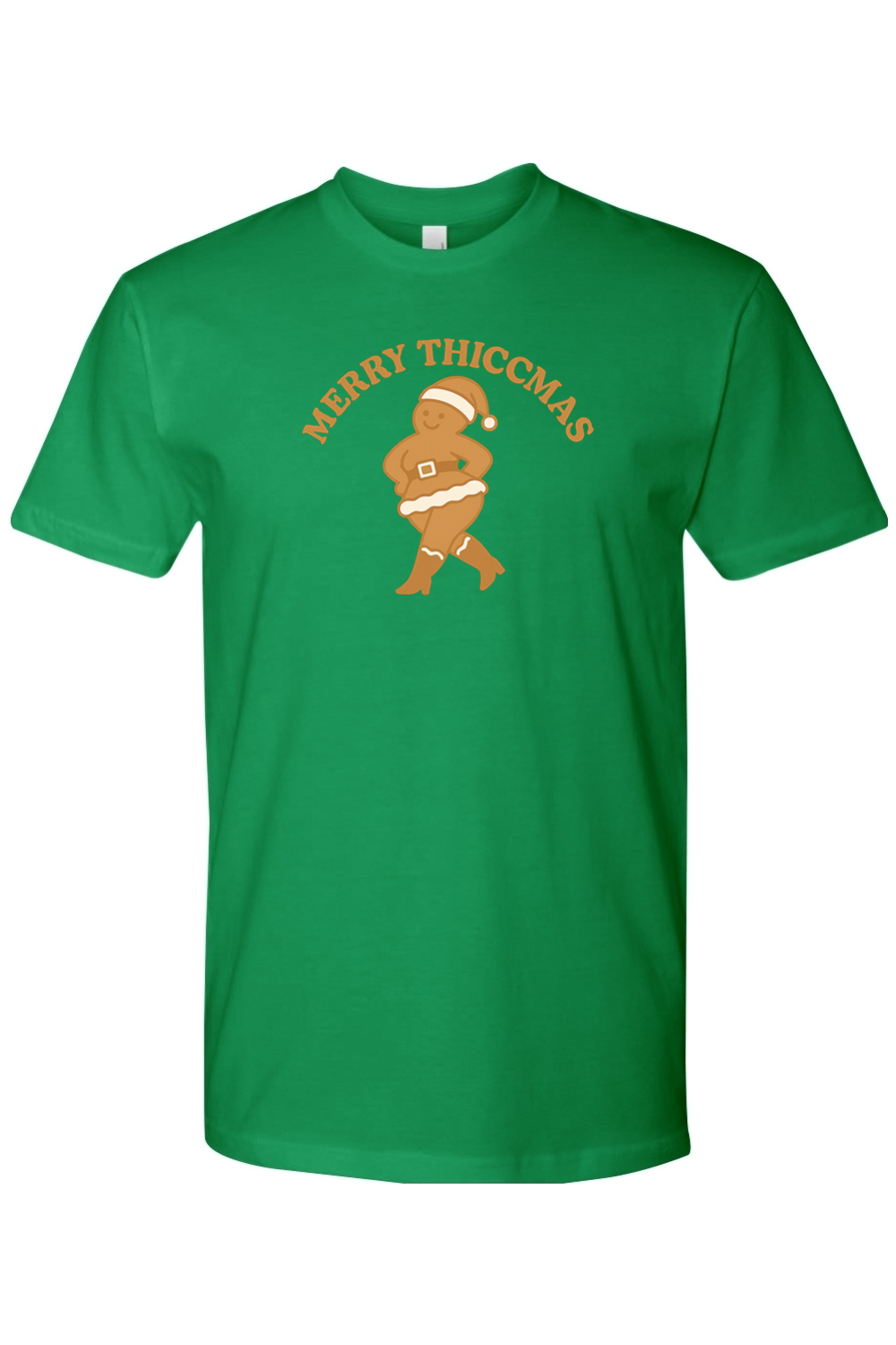 Green Christmas t-shirt with "Merry Thiccmas" text and a curvy gingerbread woman design funny humor edgy holiday festive short sleeve shirt