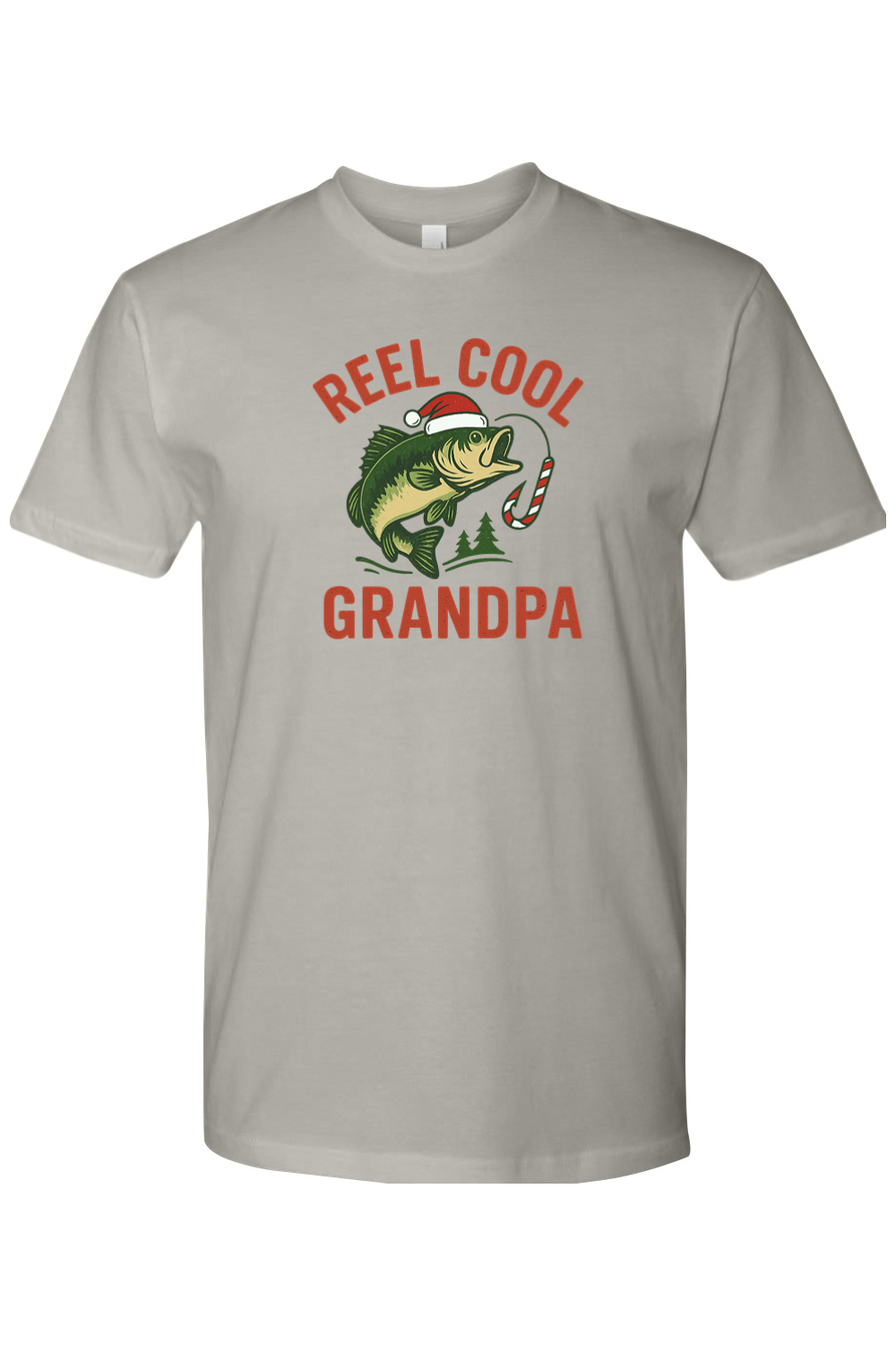 Gray Christmas t-shirt with "Reel Cool Grandpa" text in red with a fish in a Santa hat design and candy cane hook design festive fishing grandparent grandfather holiday short sleeve shirt