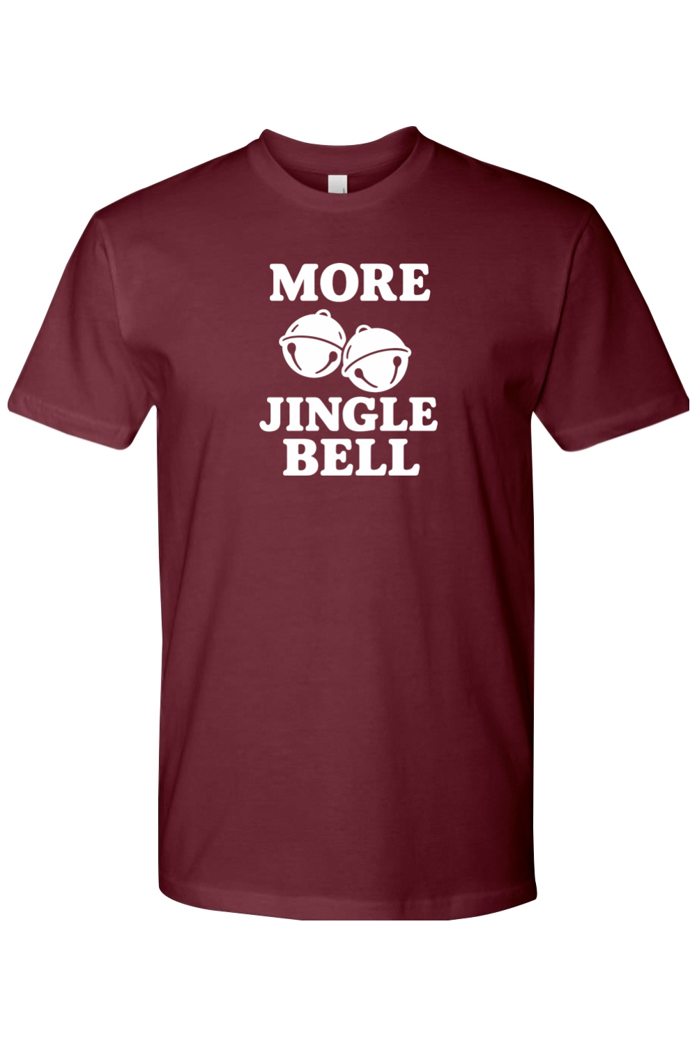 Maroon Christmas t-shirt with "More Jingle Bell" text in white with a bell design funny humor holiday festive short sleeve shirt