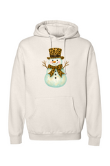 Beige Christmas hoodie with a snowman in a leopard print bow and leopard print top hat design cute girly festive holiday long sleeve hooded sweatshirt