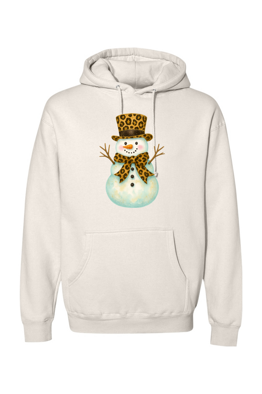 Beige Christmas hoodie with a snowman in a leopard print bow and leopard print top hat design cute girly festive holiday long sleeve hooded sweatshirt
