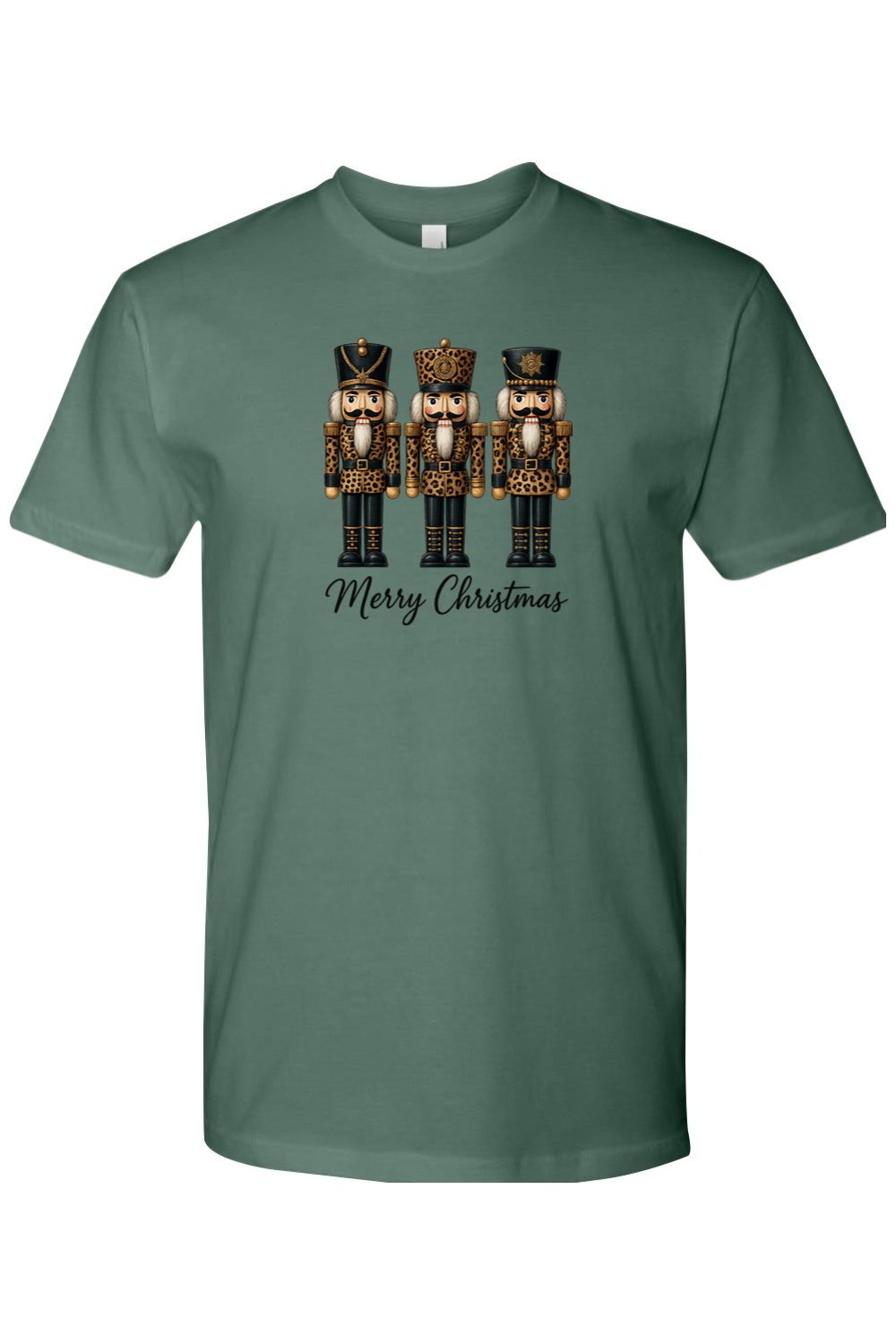 Pine green Christmas t-shirt with "Merry Christmas" text and three leopard print nutcrackers cute trendy girly festive holiday short sleeve shirt