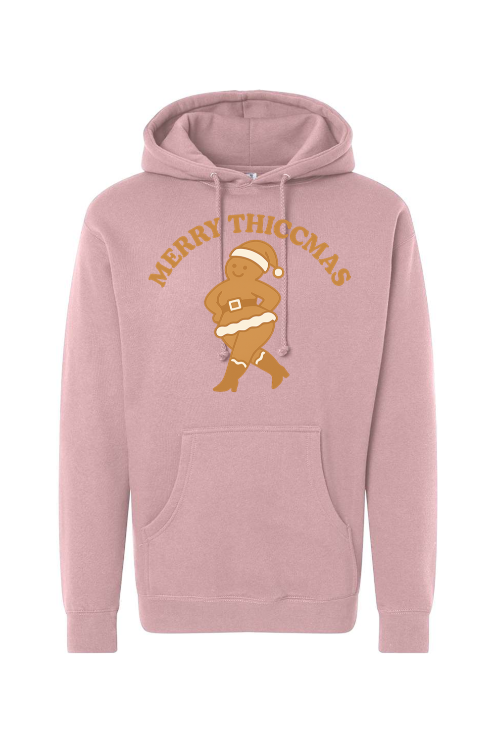 Pink Christmas hoodie with "Merry Thiccmas" text and a curvy gingerbread woman design funny humor edgy holiday festive long sleeve hooded sweatshirt