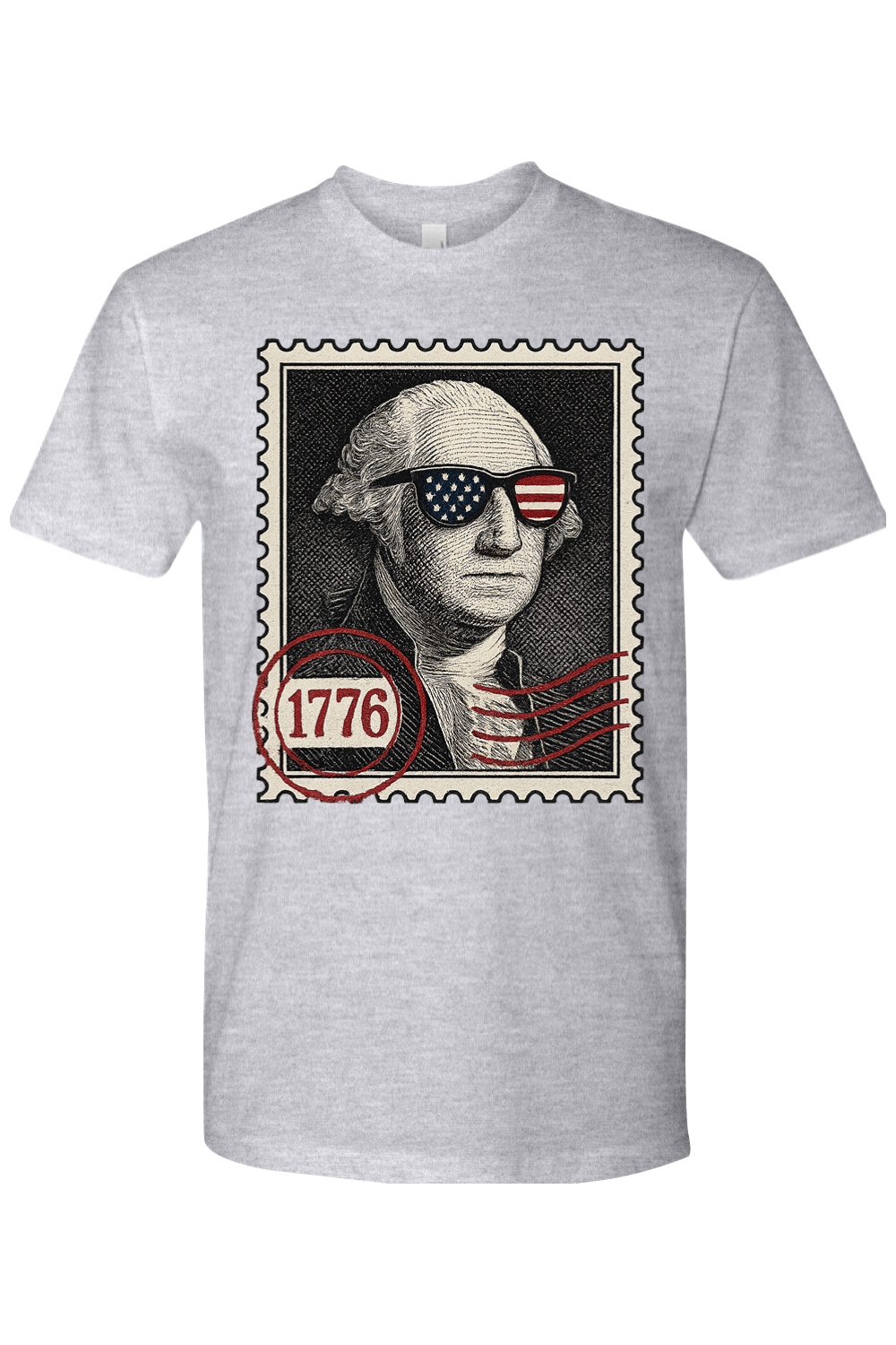 Gray t-shirt with a graphic of George Washington wearing sunglasses and a '1776' stamp design.