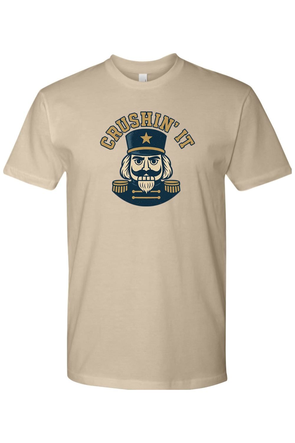 Dark beige Christmas t-shirt with "Crushin' It" text and a masculine nutcracker design funny holiday humor short sleeve shirt