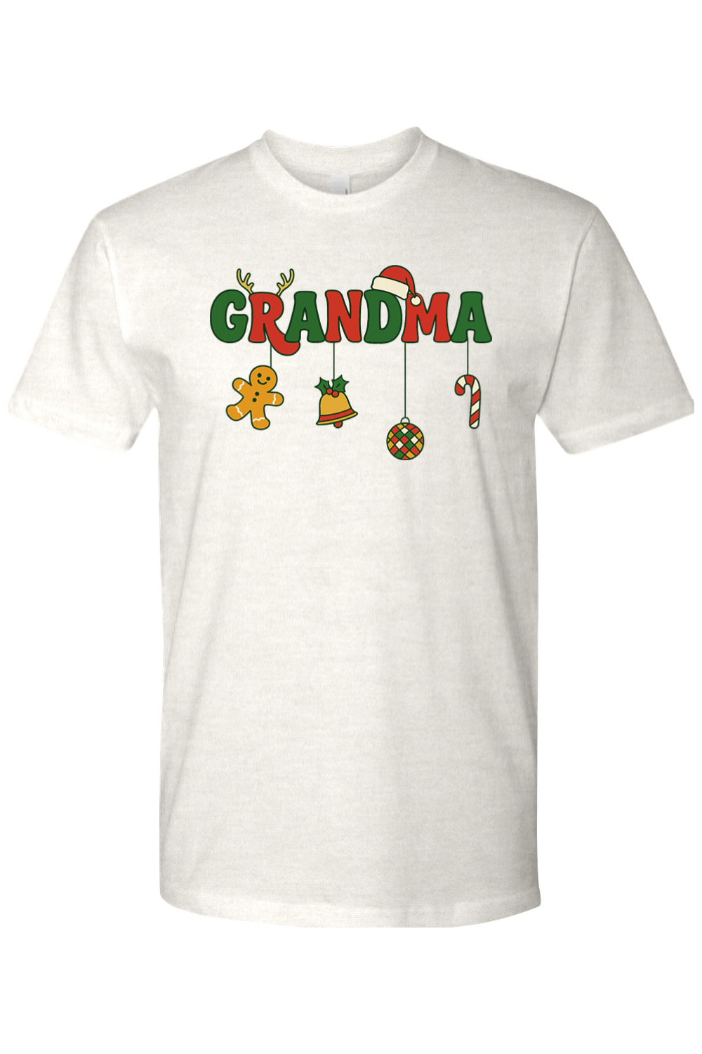 Light cream Christmas t-shirt with "Grandma" text with gingerbread, bell, disco ball, and candy cane ornaments hanging off the letters cute festive grandma grandmother holiday short sleeves shirt