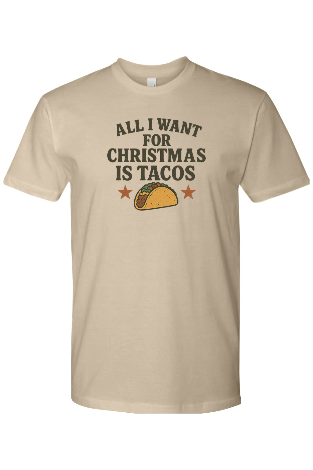Sand beige Christmas t-shirt with "All I Want for Christmas is Tacos" text with taco and stars design funny humor festive holiday short sleeve shirt