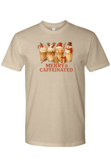 Sand cream t-shirt with Christmas coffee design and Merry & Caffeinated text cute holiday iced coffee short sleeve shirt