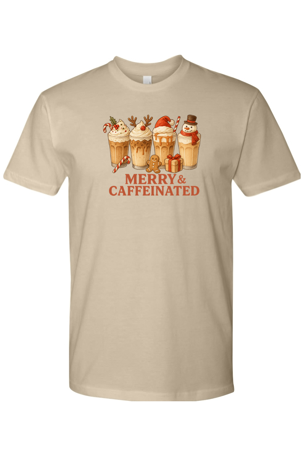 Sand cream t-shirt with Christmas coffee design and Merry & Caffeinated text cute holiday iced coffee short sleeve shirt