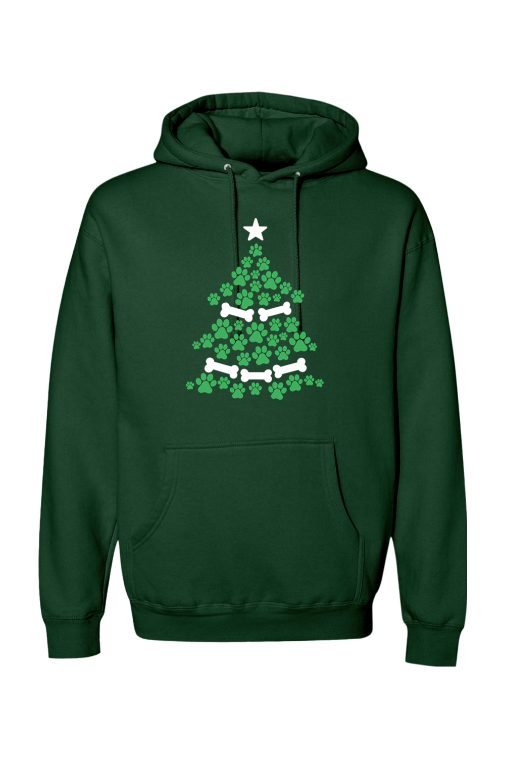 Dark green Christmas hoodie with a Christmas tree design made out of paw prints and bones cute dog pet animal lover long sleeve hooded sweatshirt