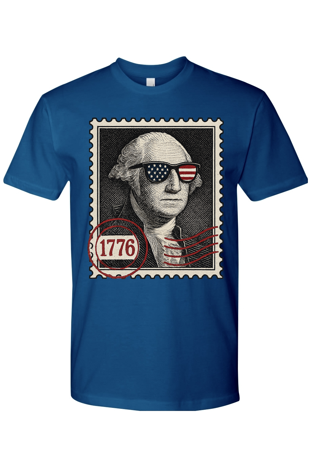Blue t-shirt with a graphic of George Washington wearing sunglasses and a '1776' stamp design