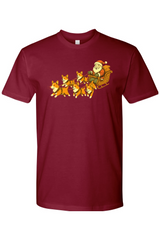 Burgundy Christmas t-shirt with Santa on a sleigh with corgi dogs pulling it cute funny holiday short sleeve shirt