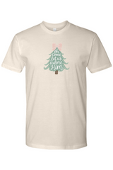 Cream beige Oh Come Let Us Adore Him Christmas tree bow cute design t-shirt short sleeve Jesus faith Christian holiday shirt