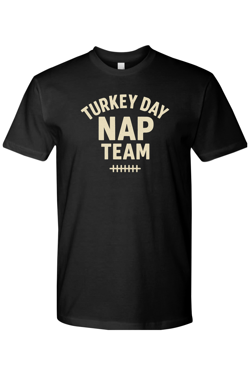 Black Thanksgiving t-shirt with "Turkey Day Nap Team" text with football laces design funny fall holiday short sleeve shirt