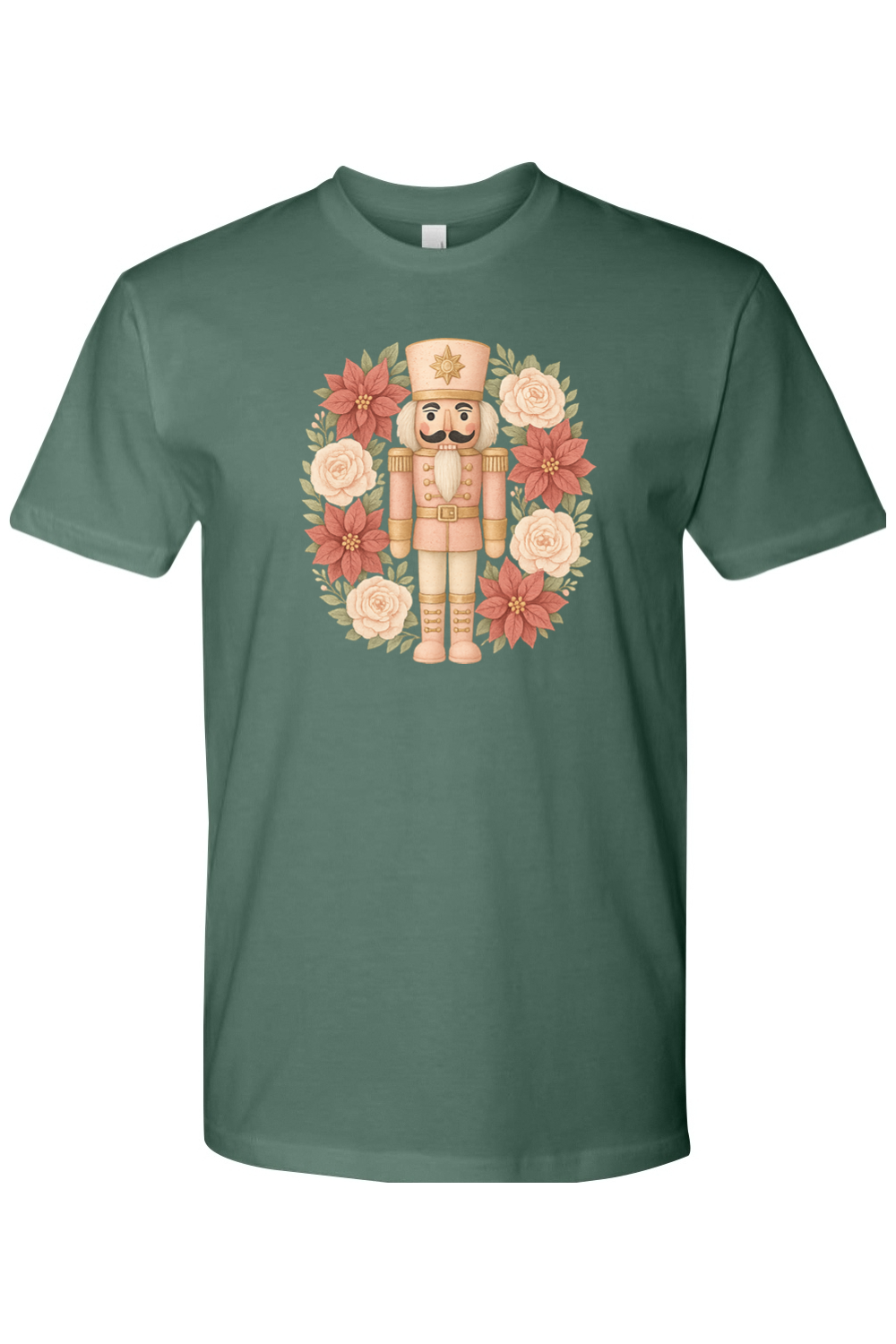 Pine green Christmas t-shirt with a poinsettia nutcracker wreath design trendy cute holiday short sleeve shirt