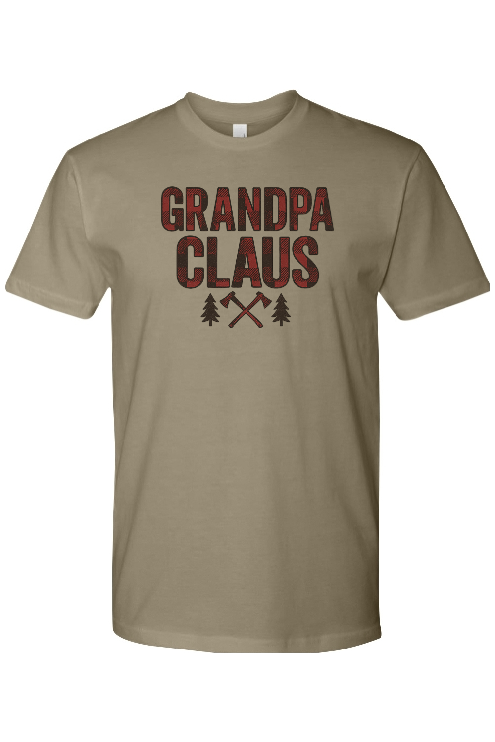Light olive green Christmas t-shirt with "Grandpa Claus" text in buffalo plaid with two axes and two trees design cool trendy grandpa grandparent holiday short sleeve shirt