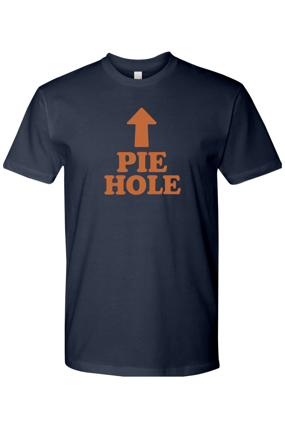 Navy blue Thanksgiving t-shirt with "Pie Hole" text and and arrow design pointing upwards to the neckline of the shirt funny humor fall holiday short sleeve shirt