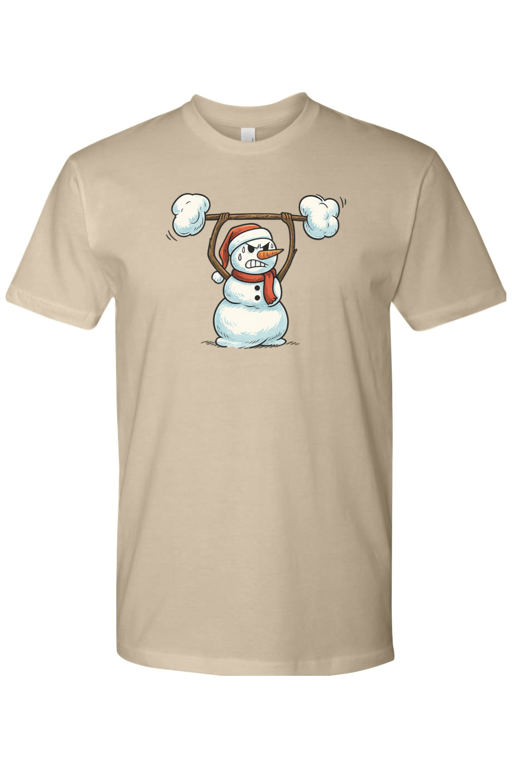 Dark beige Christmas t-shirt with a snowman lifting a snow barbell design funny gym humor festive holiday short sleeve shirt