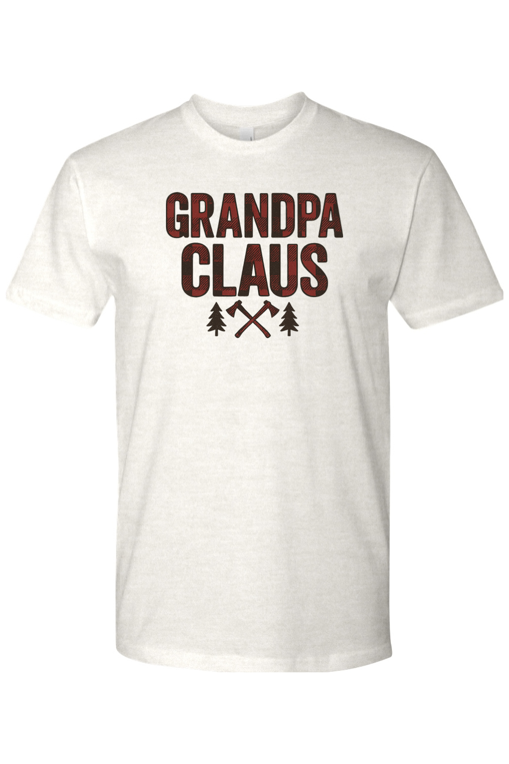 Light cream Christmas t-shirt with "Grandpa Claus" text in buffalo plaid with two axes and two trees design cool trendy grandpa grandparent holiday short sleeve shirt