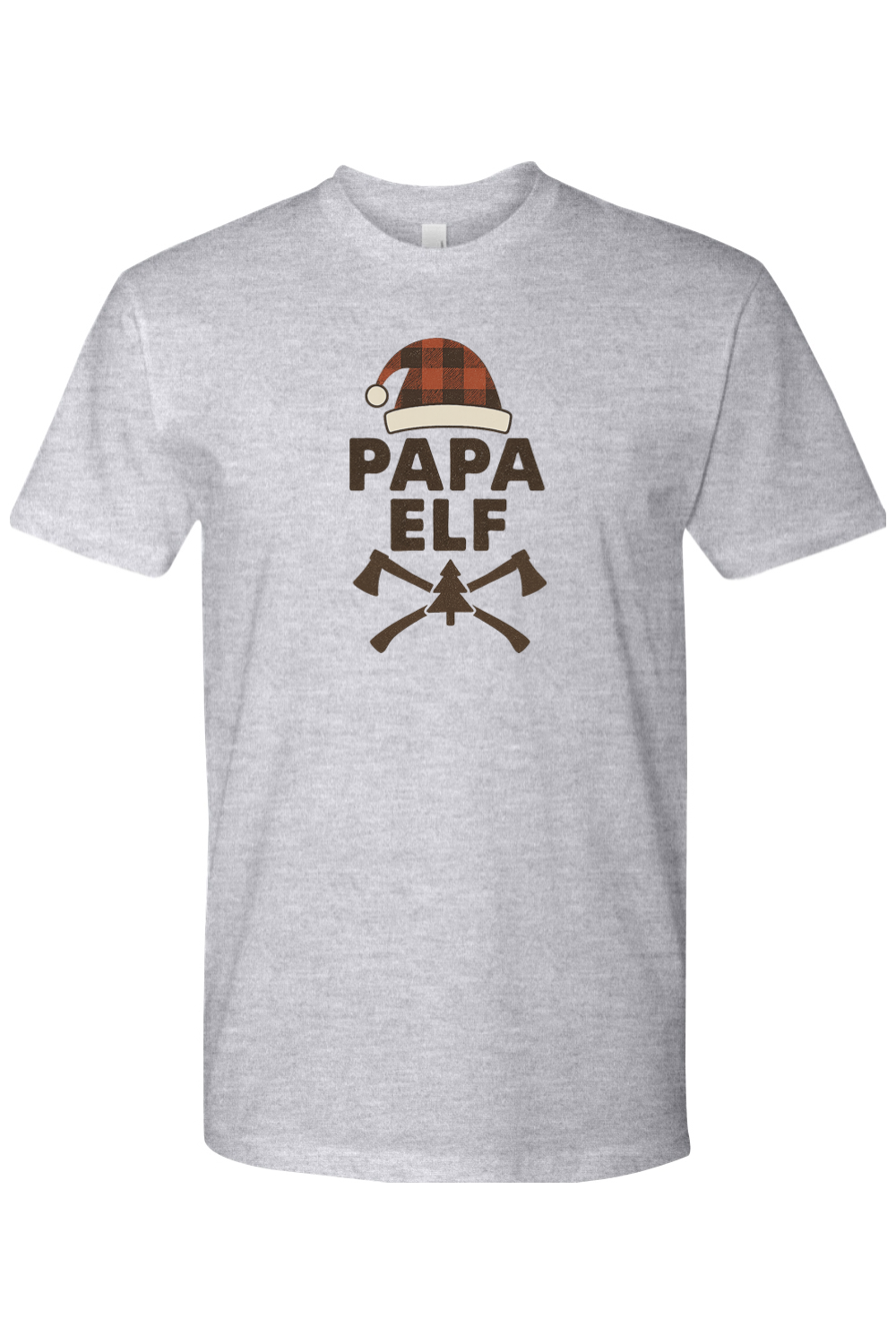 Heather gray Christmas t-shirt with "Papa Elf" text with a plaid elf hat and pine tree and axe design festive men's holiday short sleeve shirt