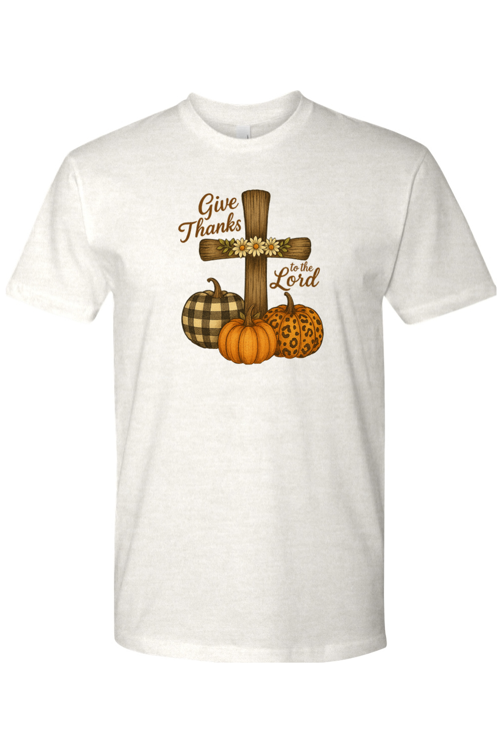 Light cream Thanksgiving t-shirt with "Give Thanks to the Lord" text with flower cross and plaid leopard print pumpkins design cute trendy Jesus Christian fall short sleeve shirt