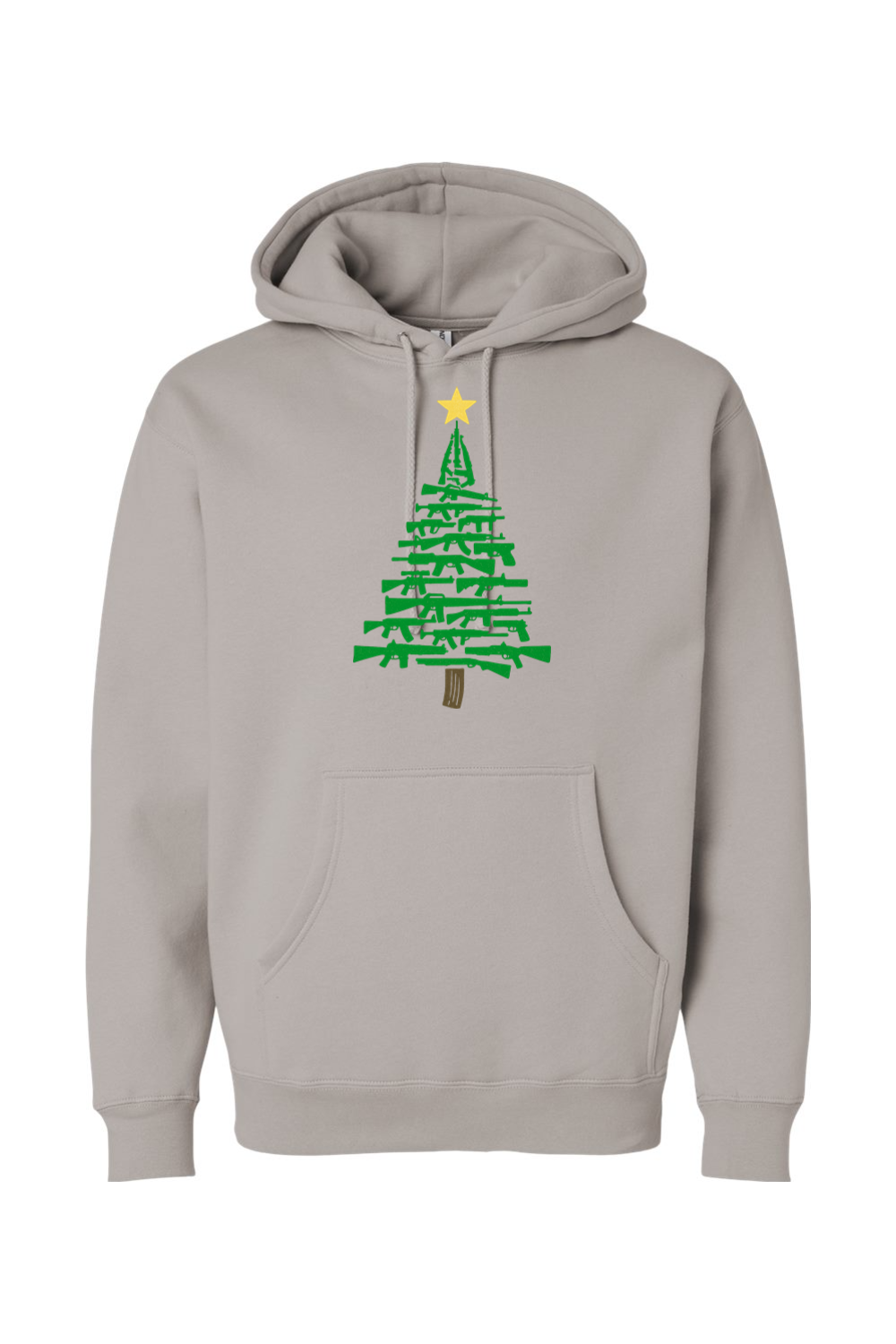 Gray Christmas hoodie with a Christmas tree design made out of rifles cool tactical men's holiday long sleeve hooded sweatshirt