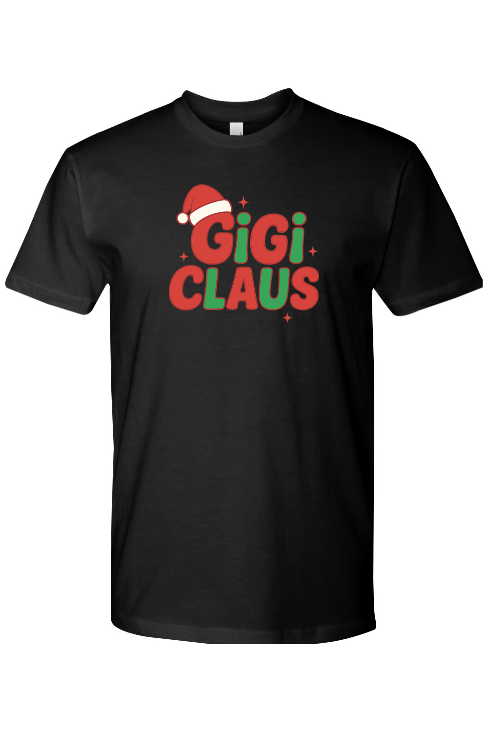 Black Christmas t-shirt with "Gigi Claus" text in green and red with a Santa hat sitting on the G cute grandma grandparent holiday short sleeve shirt