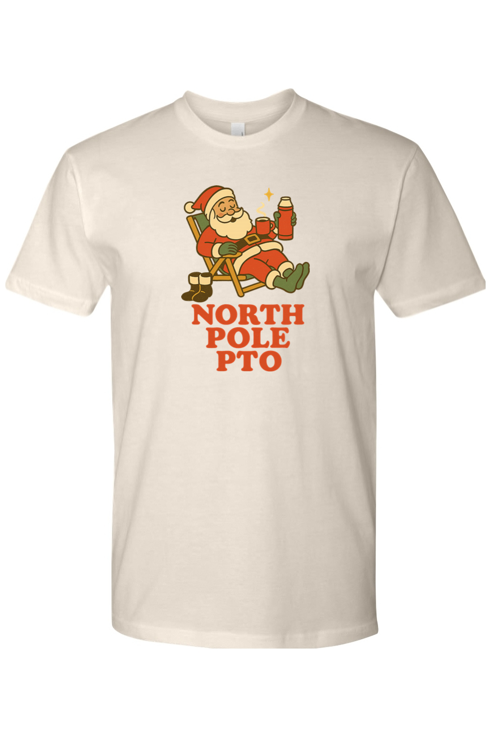 Beige vintage Christmas t-shirt with "North Pole PTO" text and Santa relaxing on a reclining chair with hot cocoa design funny holiday humor short sleeve shirt