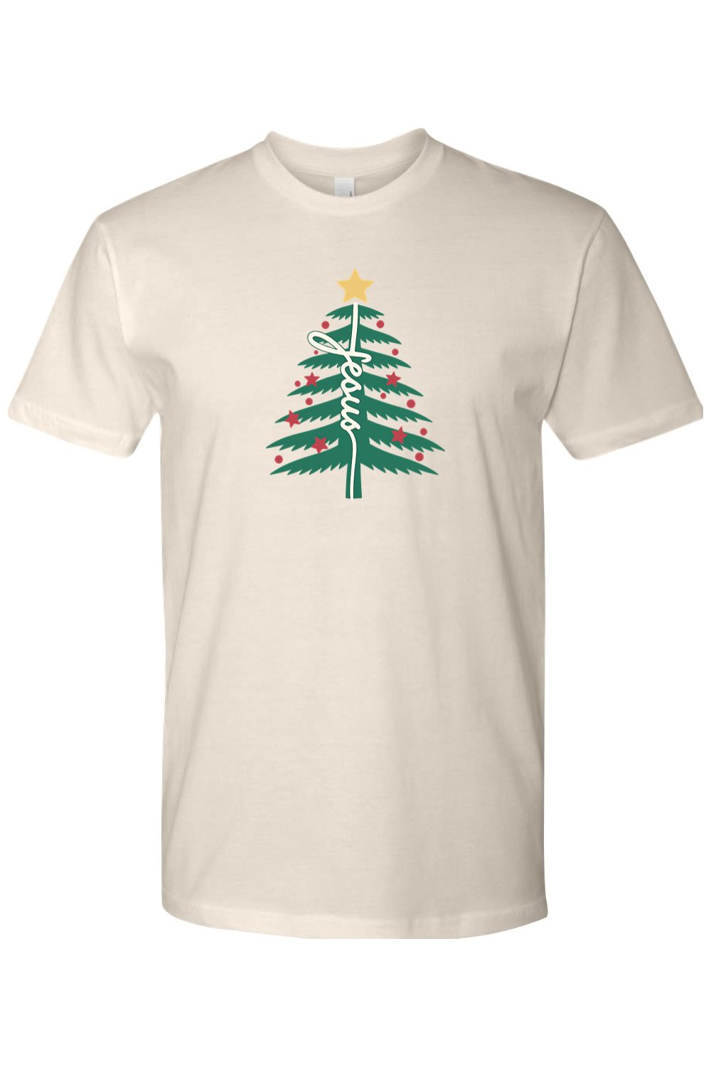 Cream Christmas t-shirt with "Jesus" text in a Christmas tree design festive religious God Christian holiday short sleeve shirt
