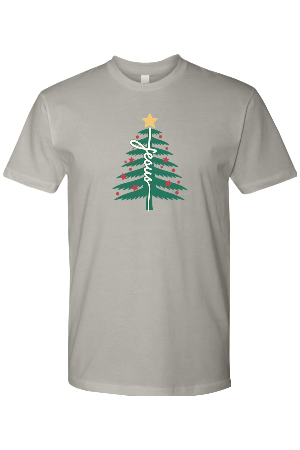 Gray Christmas t-shirt with "Jesus" text in a Christmas tree design festive religious God Christian holiday short sleeve shirt