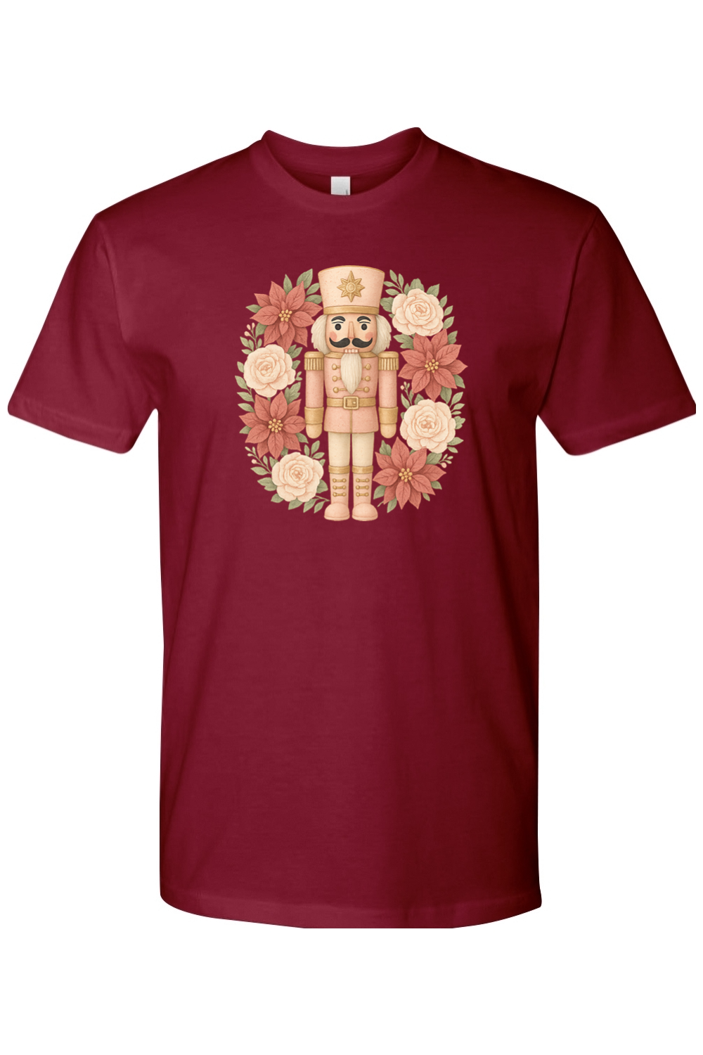 Burgundy Christmas t-shirt with a poinsettia nutcracker wreath design trendy cute holiday short sleeve shirt