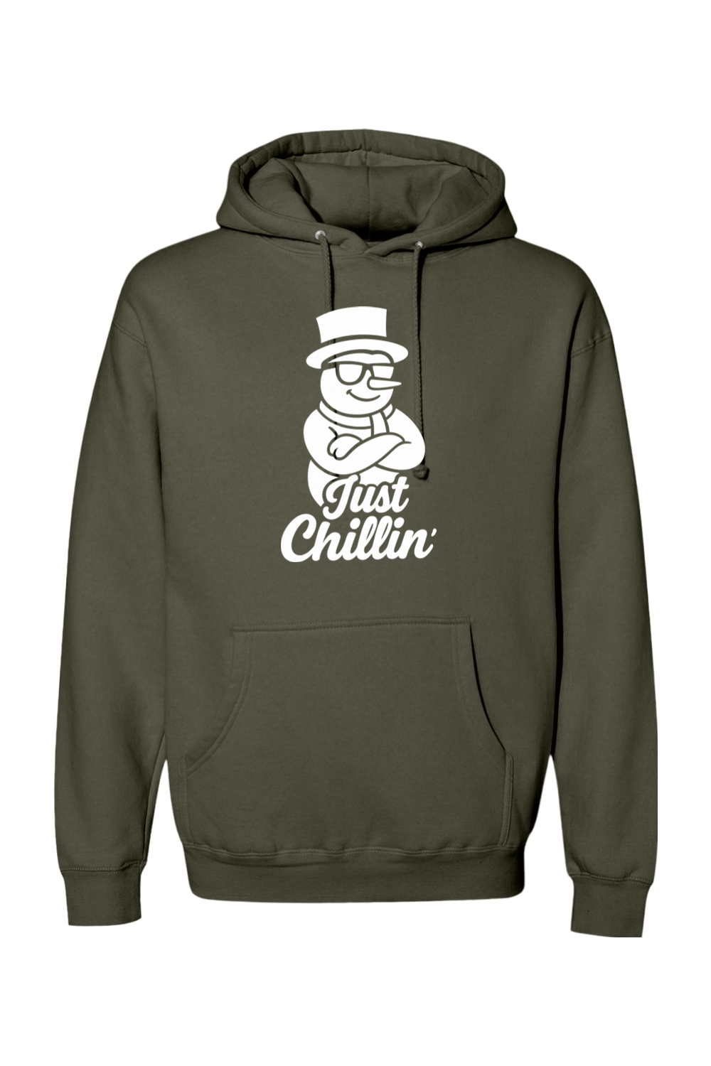 Olive green Christmas hoodie with "Just Chillin'" text in white with a snowman wearing sunglasses and arms crossed design funny holiday humor long sleeve hooded sweatshirt