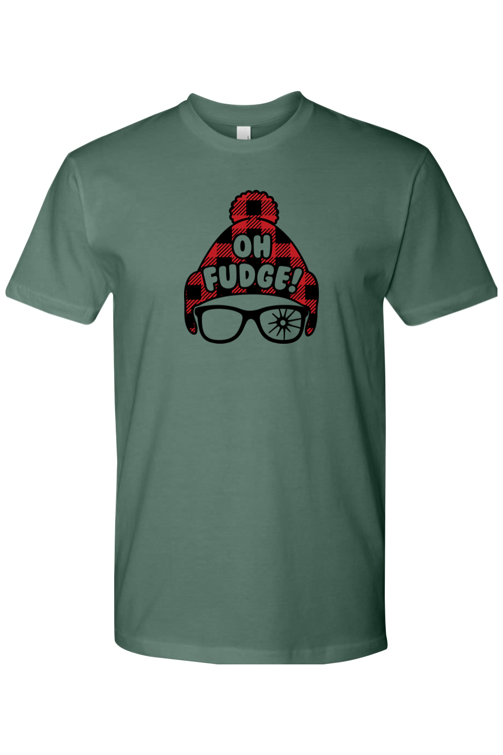 Pine green Christmas t-shirt with "Oh Fudge!" text and a plaid hat and broken glasses design funny holiday humor short sleeve shirt