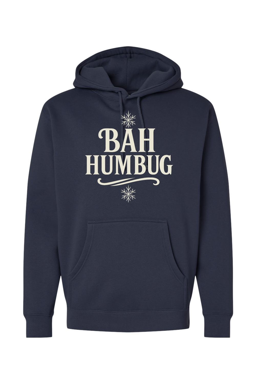 Navy blue Christmas hoodie with "BAH HUMBUG" text and a snowflake design funny sarcastic holiday humor long sleeve hooded sweatshirt